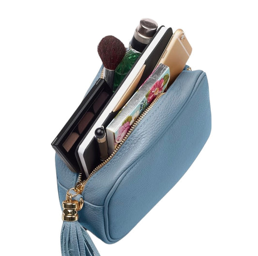 Sky blue Bianca leather tassel crossbody camera bag