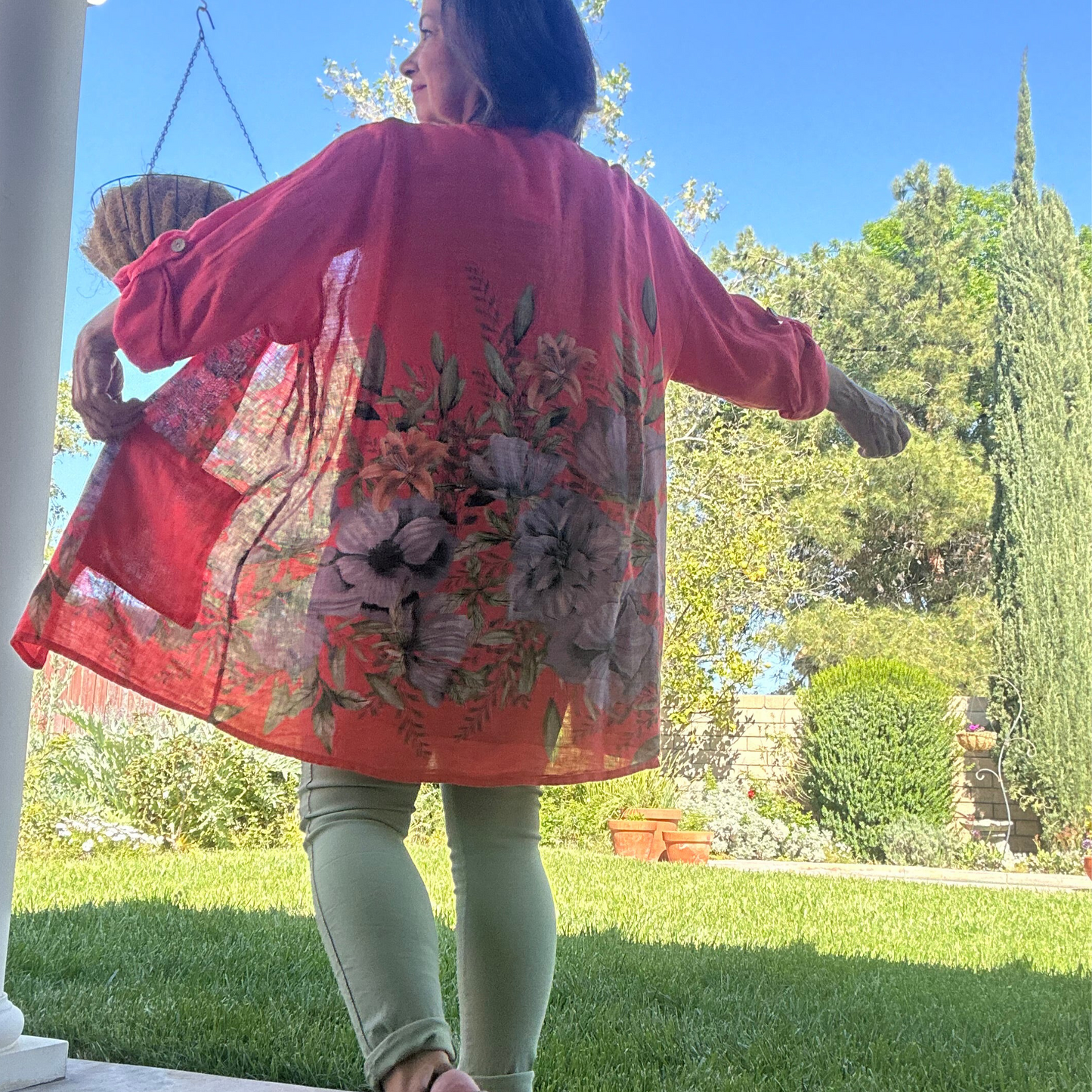 Coral floral breeze linen kimono