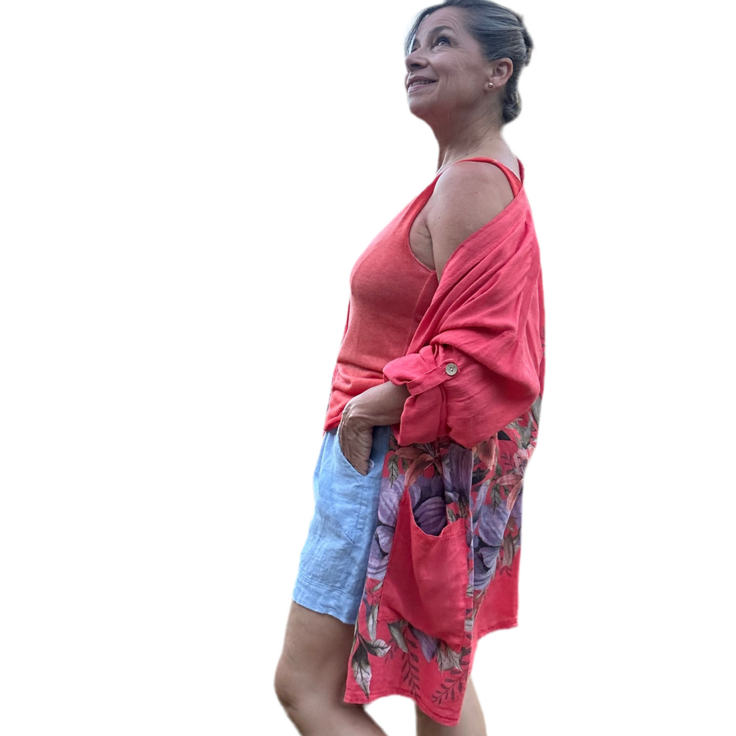 Coral floral breeze linen kimono