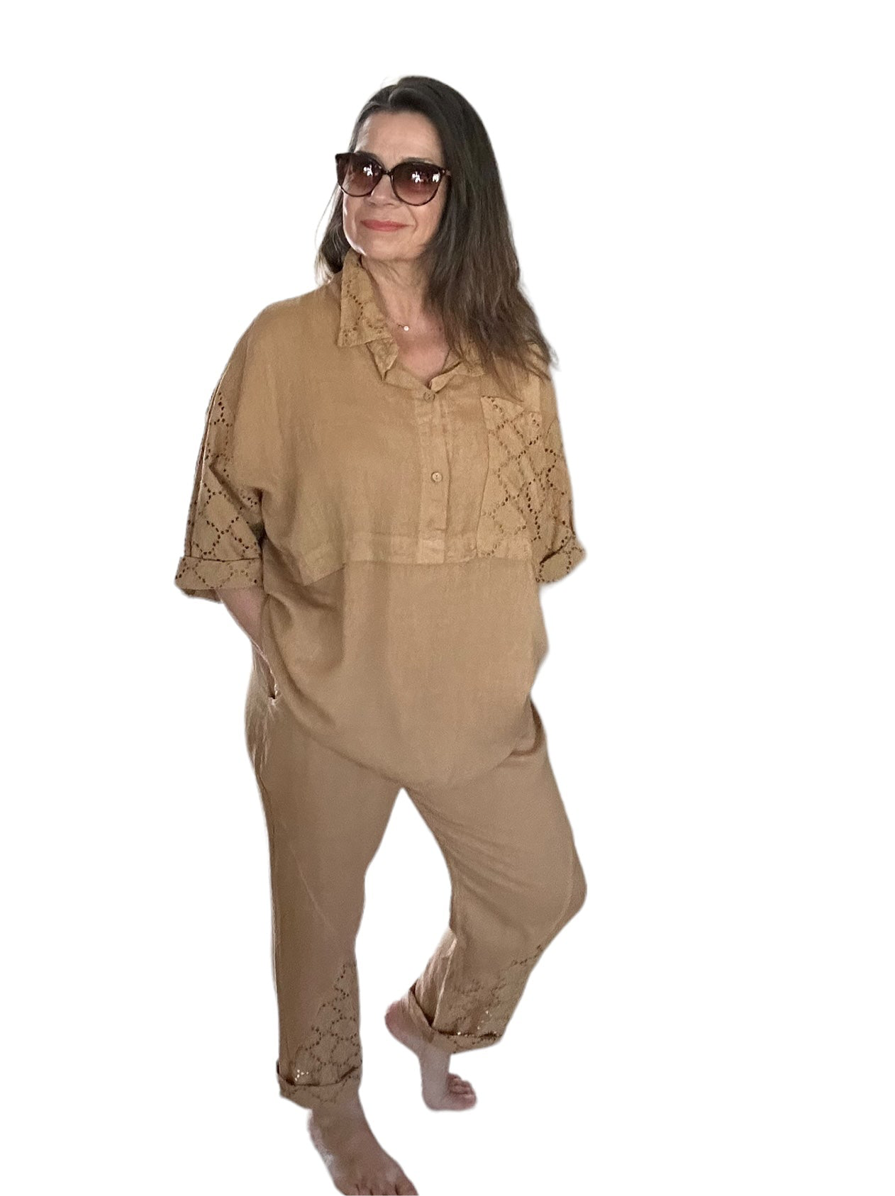 Camel Lace Hem Linen Drawstring Pants