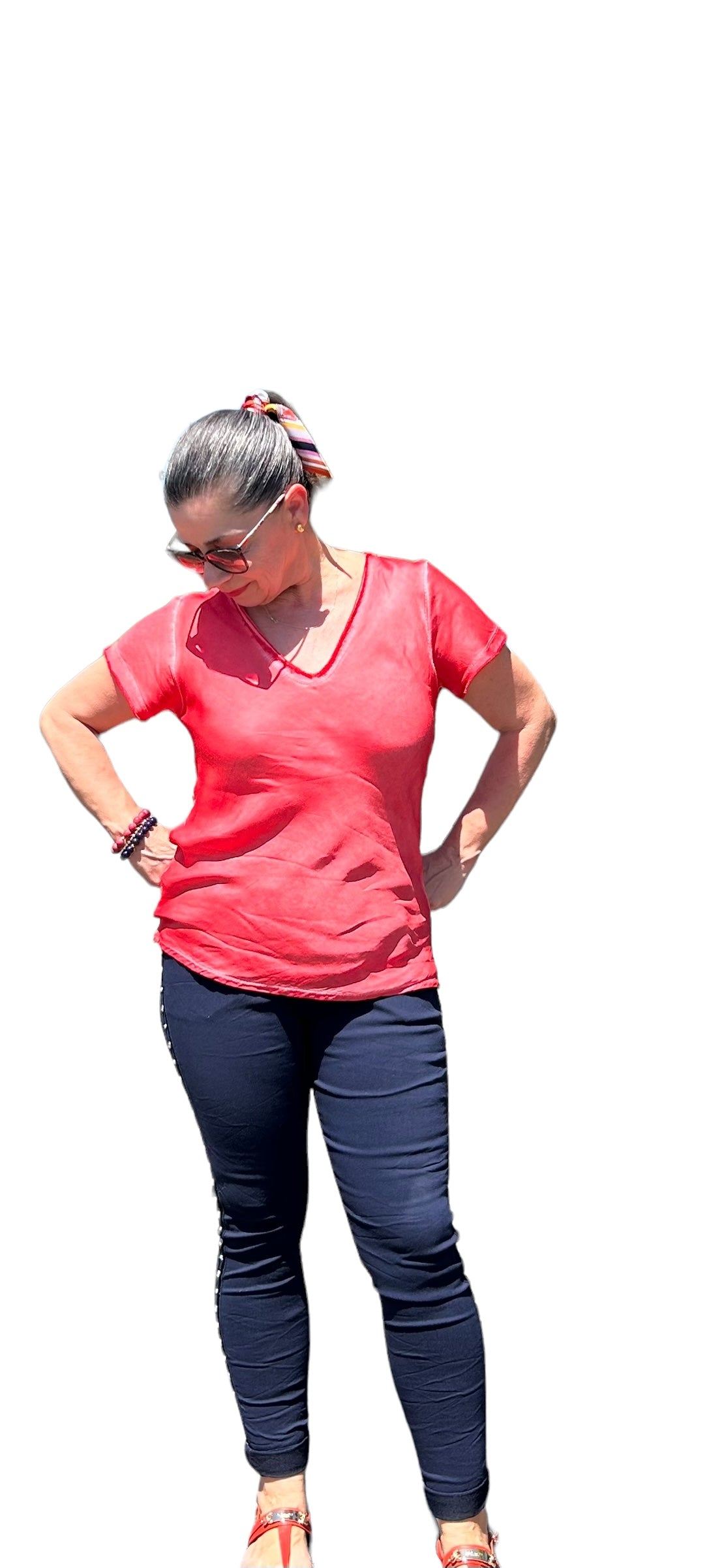 Bella Vita red raw edge V neck t-shirt