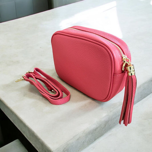 Bianca leather camera style crossbody bag - coral