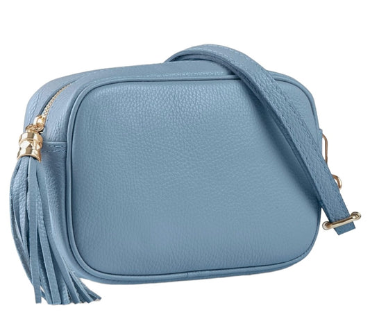 Sky blue Bianca leather tassel crossbody camera bag