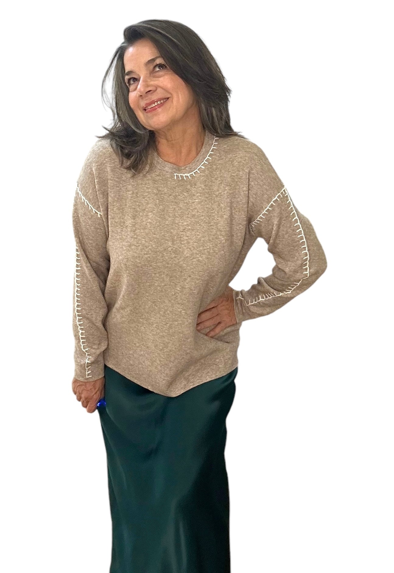 Jenna sweater with blanket stitch detail