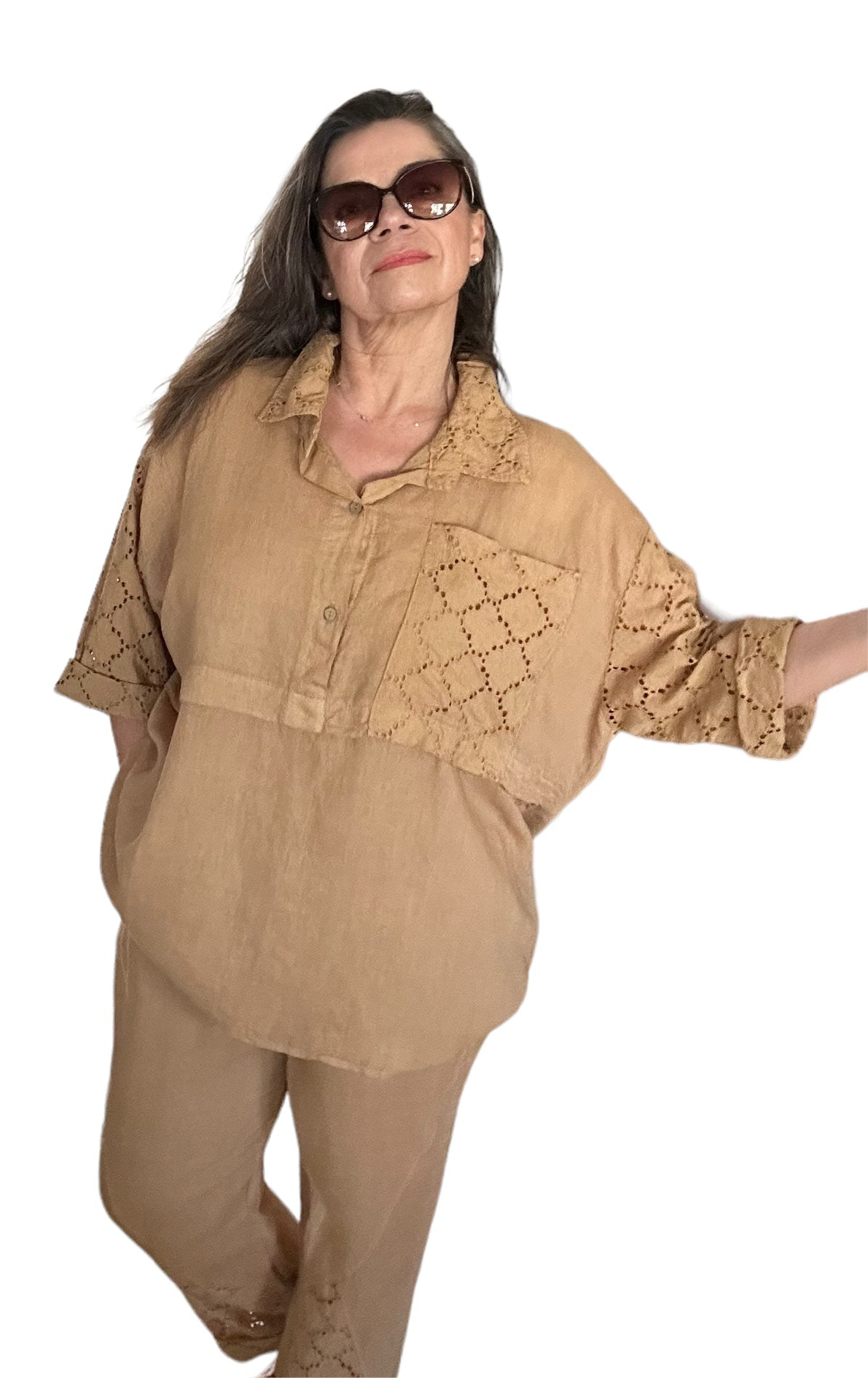 Camel embroidered lace linen blouse