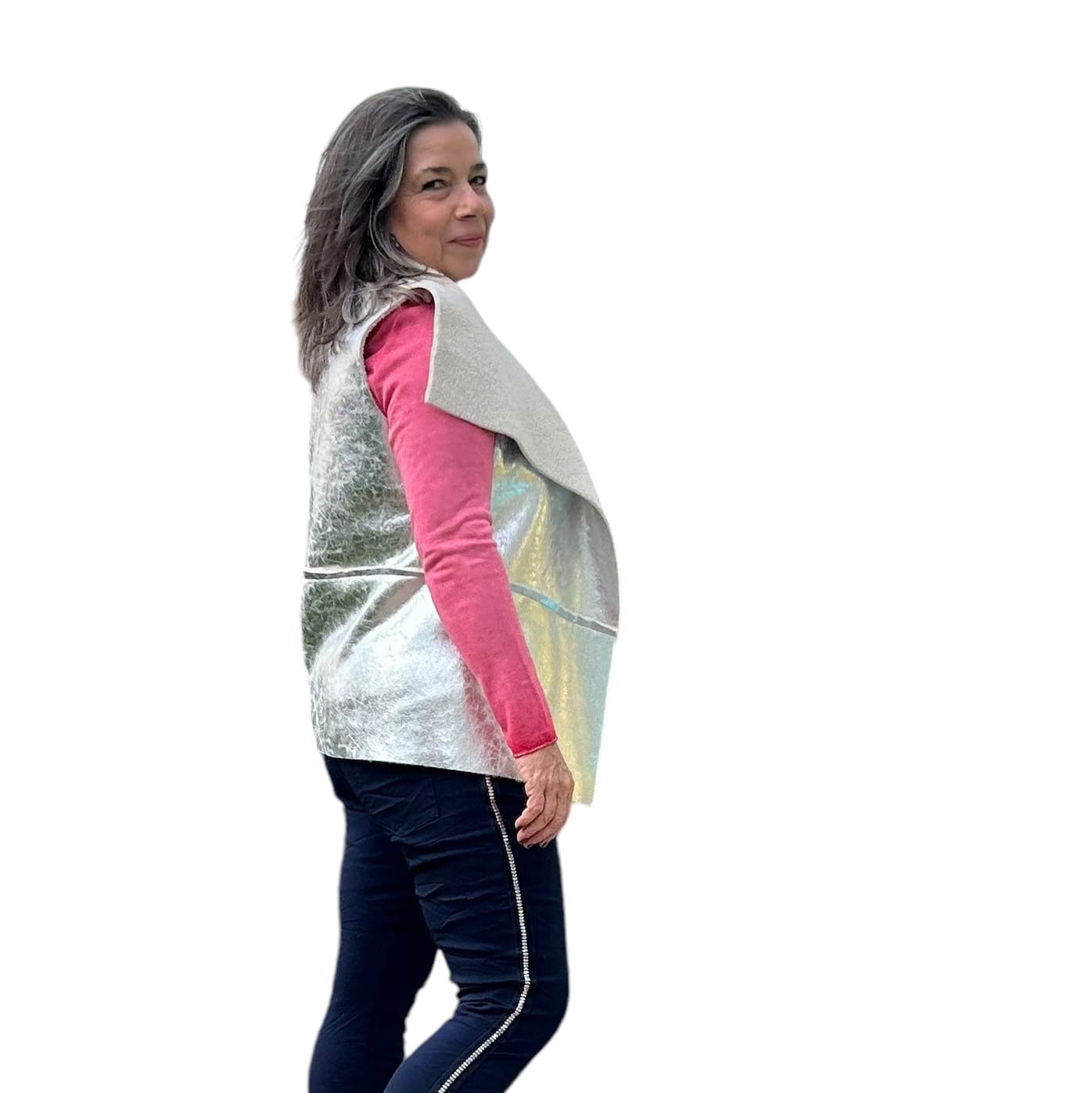 Metallic Silver Sleeveless Sherpa Jacket Metallic Silver Sleeveless Sherpa Jacket