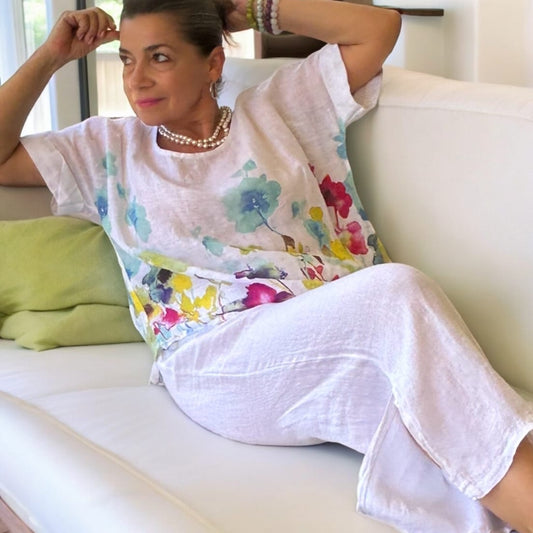 Flo Linen Capri Pants - Our Best-Selling Summer Essential White Flo Linen Capri Pants with a Side Slit | Linen Resort Wear