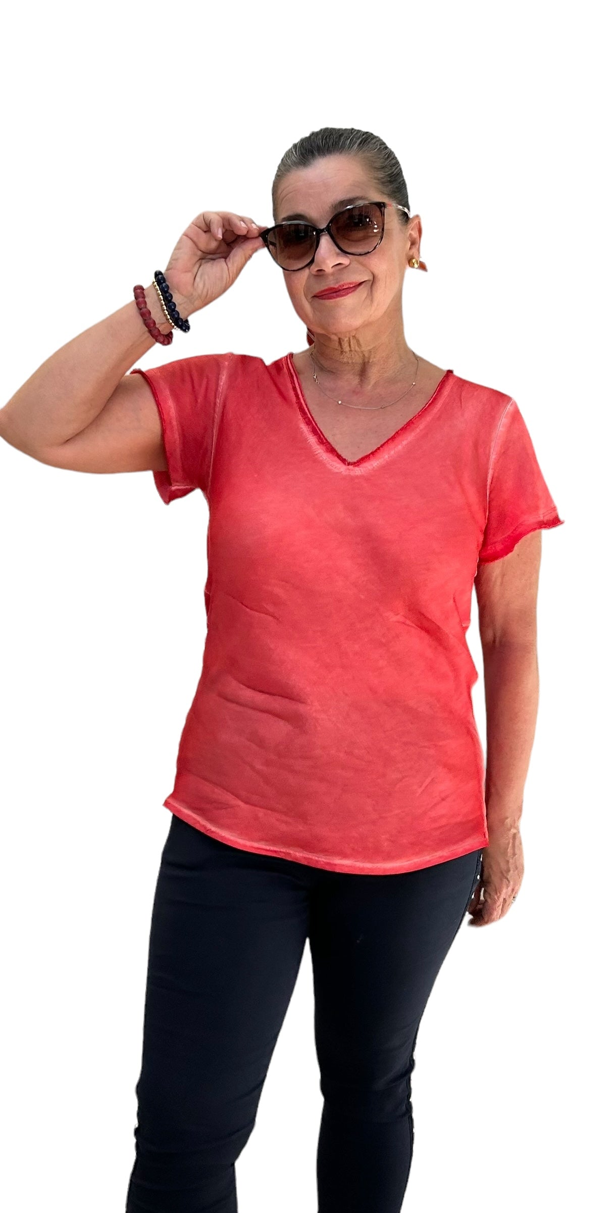 Bella Vita red raw edge V neck t-shirt