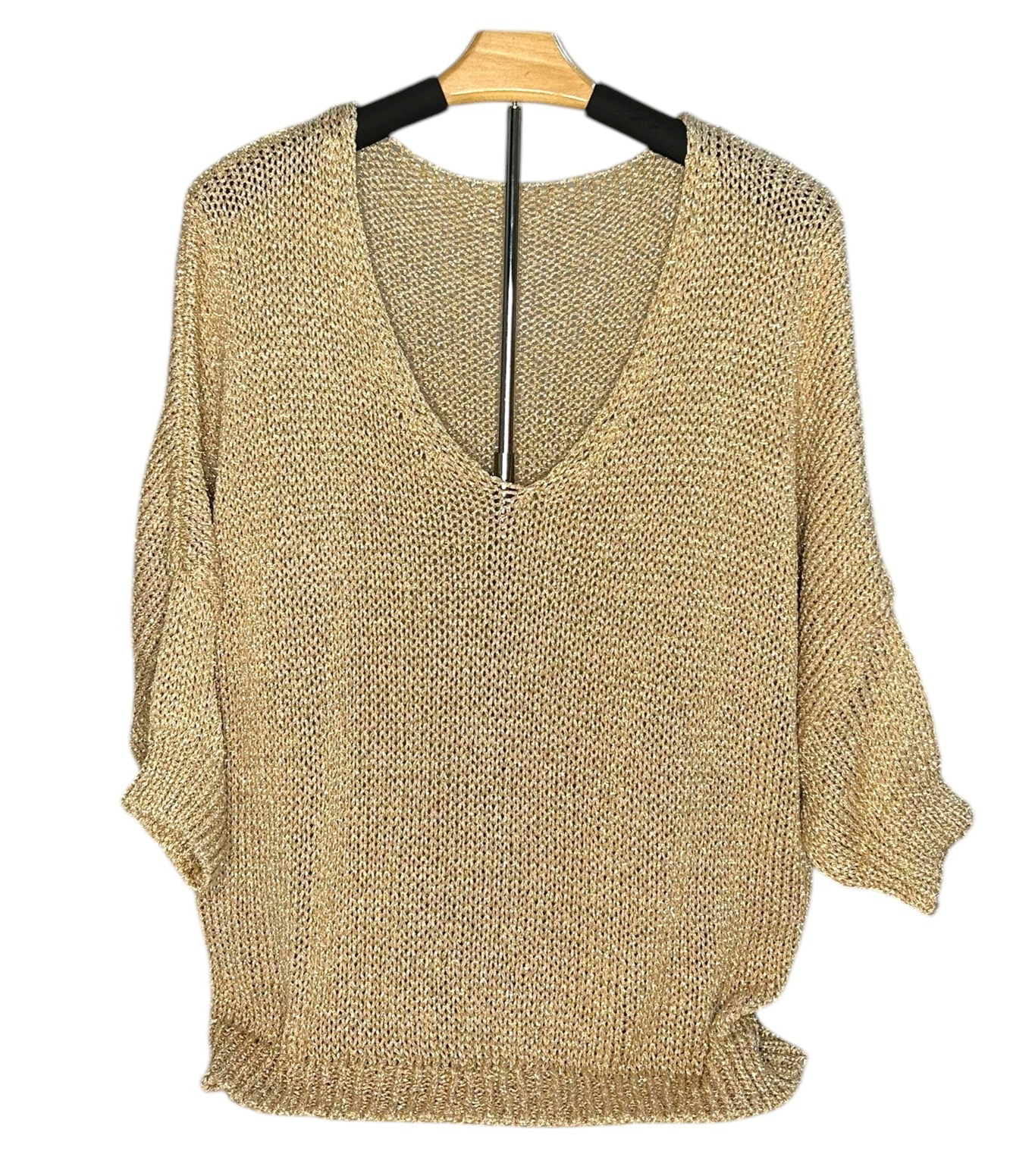 Loose Knit Metallic V-Neck Top