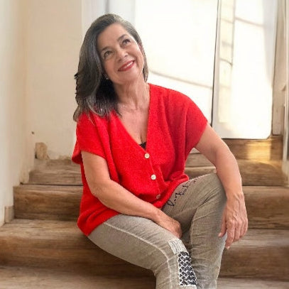 Red button down alpaca v-neck sweater