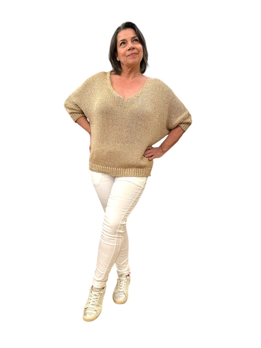 Loose Knit Metallic V-Neck Top