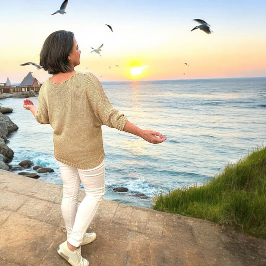 Loose Knit Metallic V-Neck Top