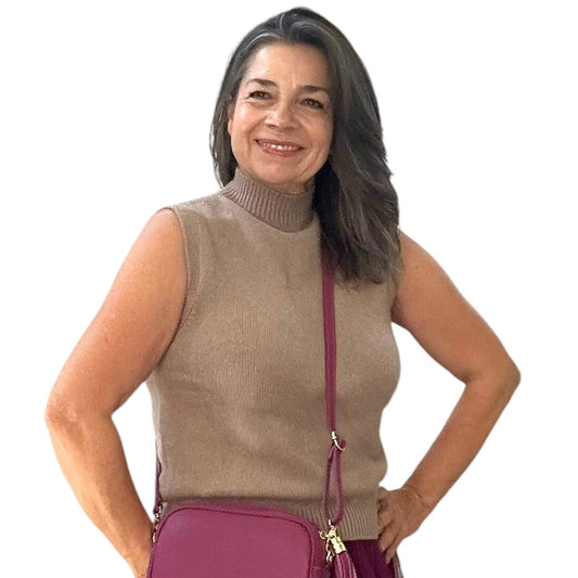 Maxine taupe high neck sleeveless sweater