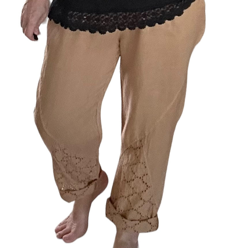 Camel Lace Hem Linen Drawstring Pants