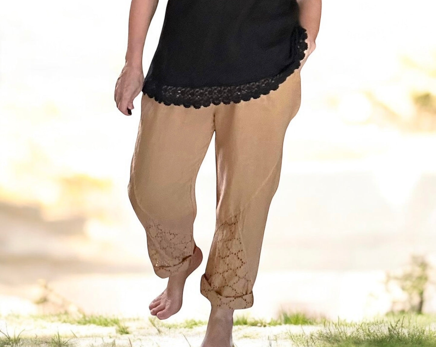 Camel Lace Hem Linen Drawstring Pants