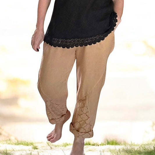 Camel Lace Hem Linen Drawstring Pants