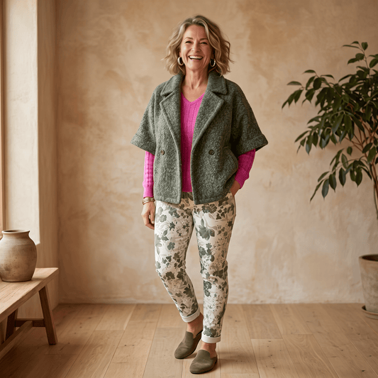 Floral Fusion Italian Magic Pants Women's Floral Italian Stretch Pants Wide Leg One Size 4-12 One Size Fits US Sizes 4 to 12 / Green / Beige