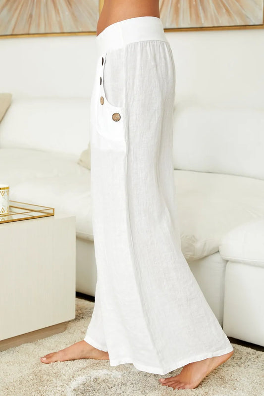 White Linen Palazzo Pants With Button Detail White Linen Palazzo Pants With Button Detail