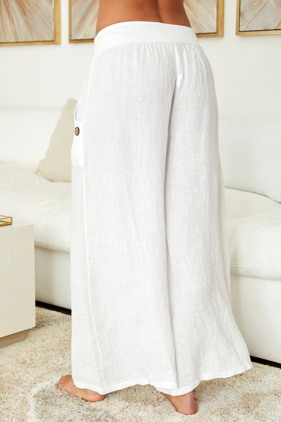 White Linen Palazzo Pants With Button Detail
