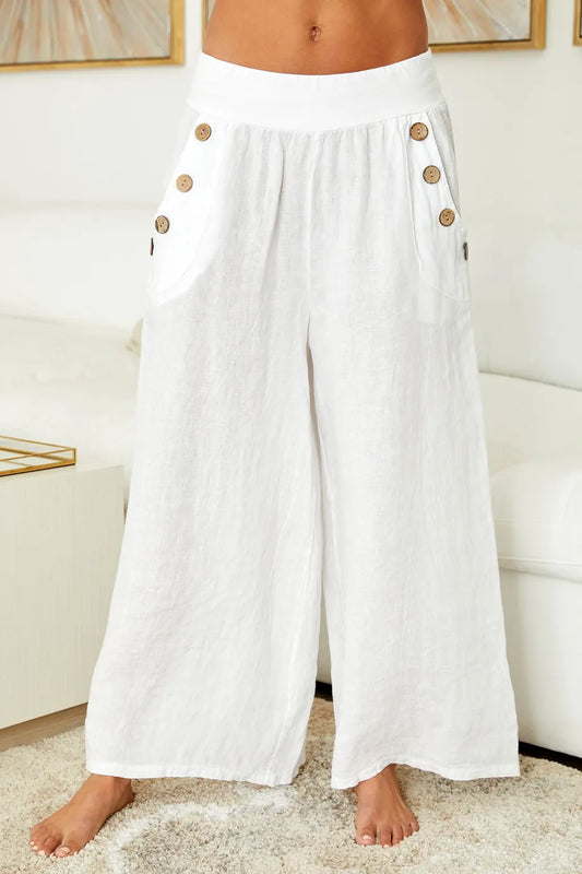 White Linen Palazzo Pants With Button Detail White Linen Palazzo Pants With Button Detail