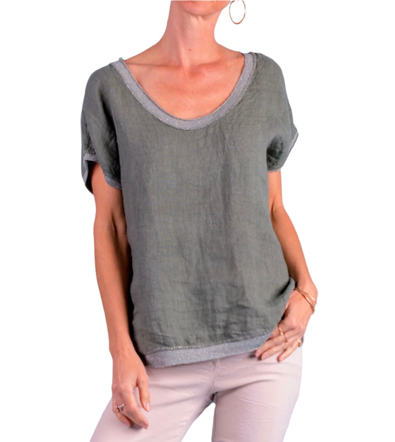 Shimmery scoop neck linen top