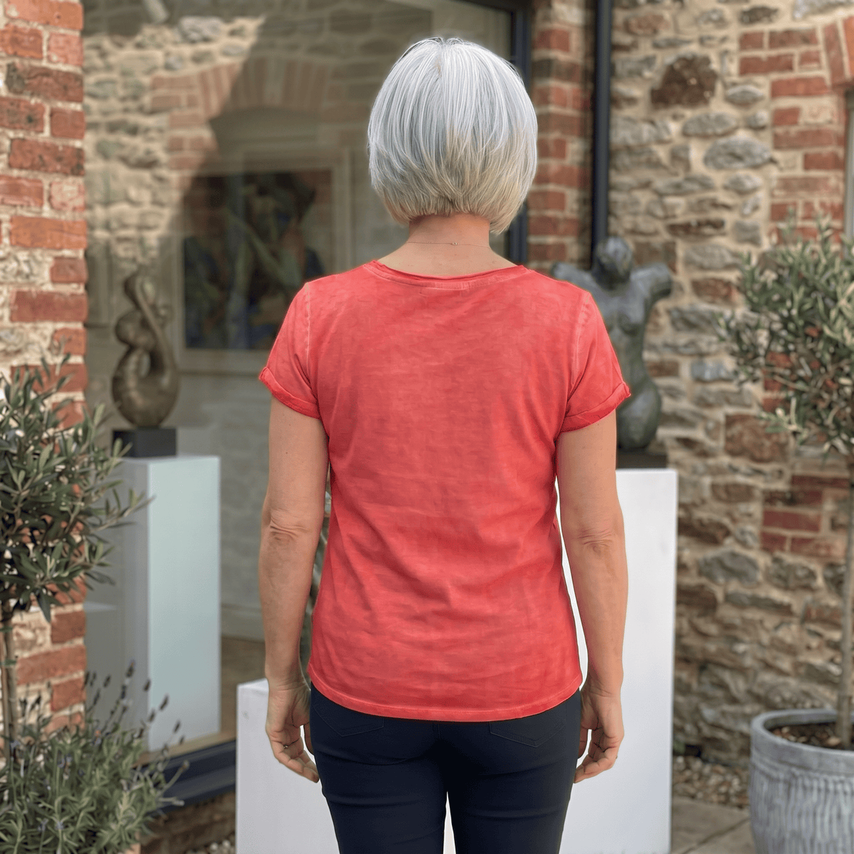 Raw Edge V-Neck Silk Tee Bella Vita Red Raw Edge V-Neck T-Shirt - Silk & Cotton