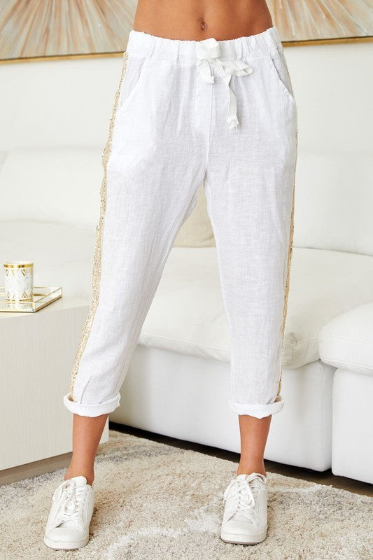Gold Sequin Side Stripe Drawstring White Linen ants