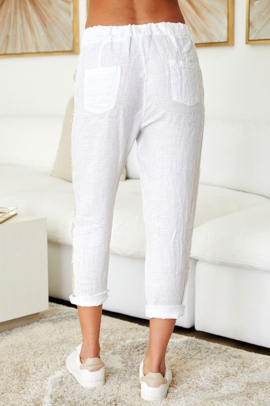 Gold Sequin Side Stripe Drawstring White Linen ants