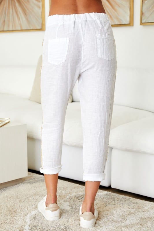 Gold Sequin Side Stripe Drawstring White Linen pants Gold Sequin Side Stripe Drawstring White Linen pants