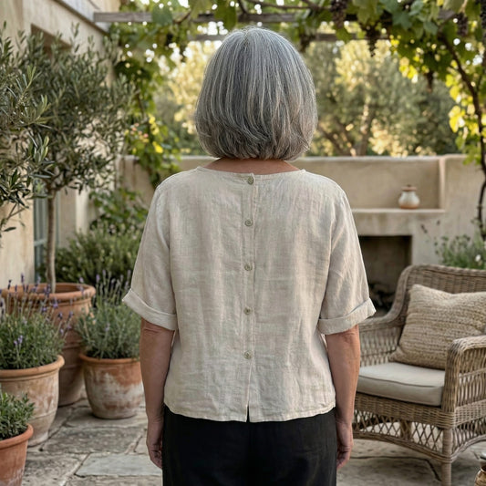 Serenity Button Back Linen Top Soft Pink Serenity Button Back Linen Top with Boat Neckline