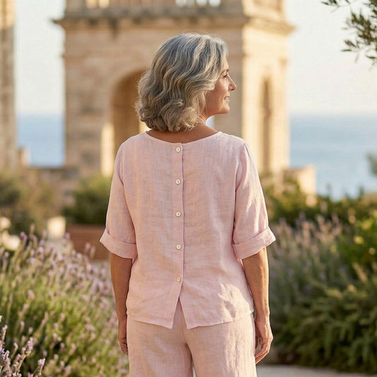 Serenity Button Back Linen Top Soft Pink Serenity Button Back Linen Top with Boat Neckline