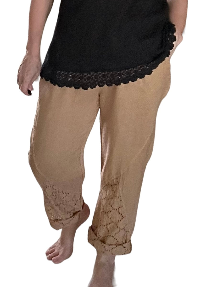 Camel Lace Hem Linen Drawstring Pants