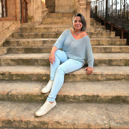 Loose Knit Metallic V-Neck Top