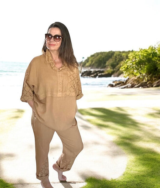 Camel embroidered lace linen blouse