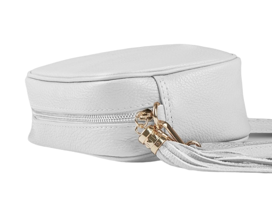 Sky blue Bianca leather tassel crossbody camera bag