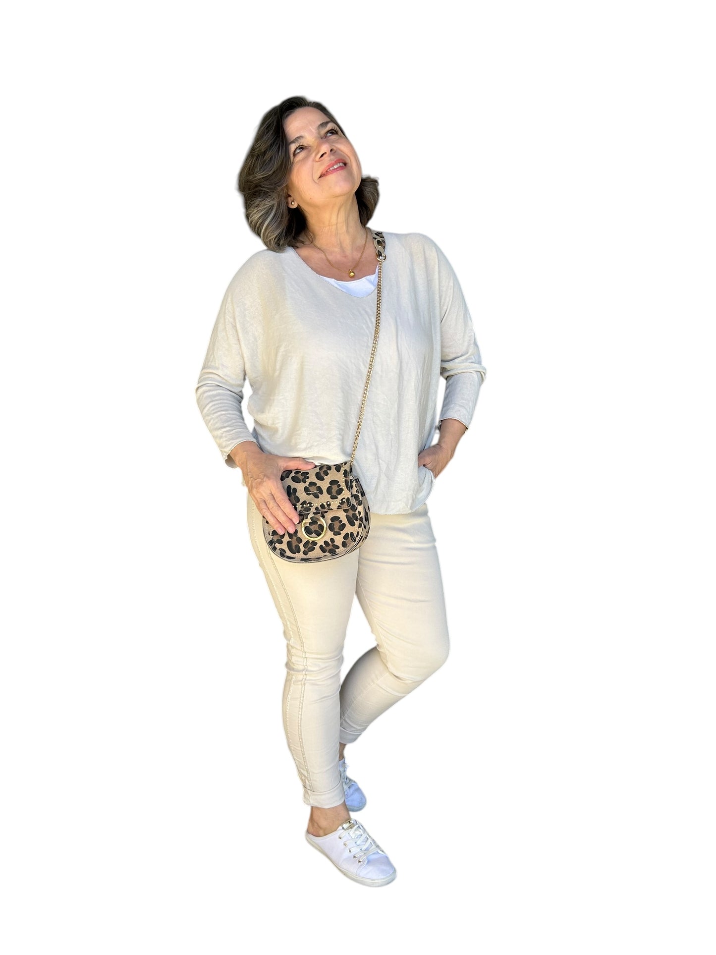 Beige Italian Magic Pants With a Subtle Chic Glam Side Panel