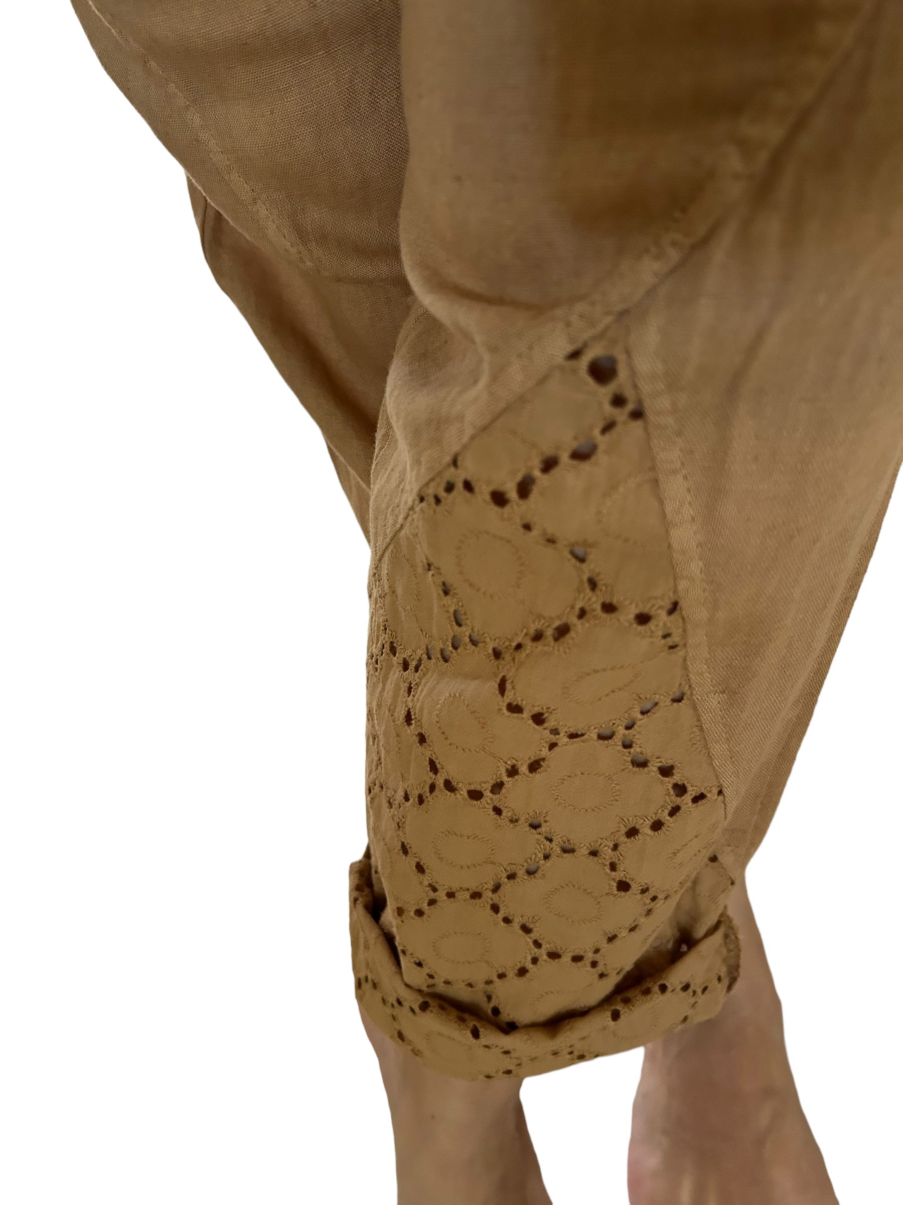 Camel Lace Hem Linen Drawstring Pants