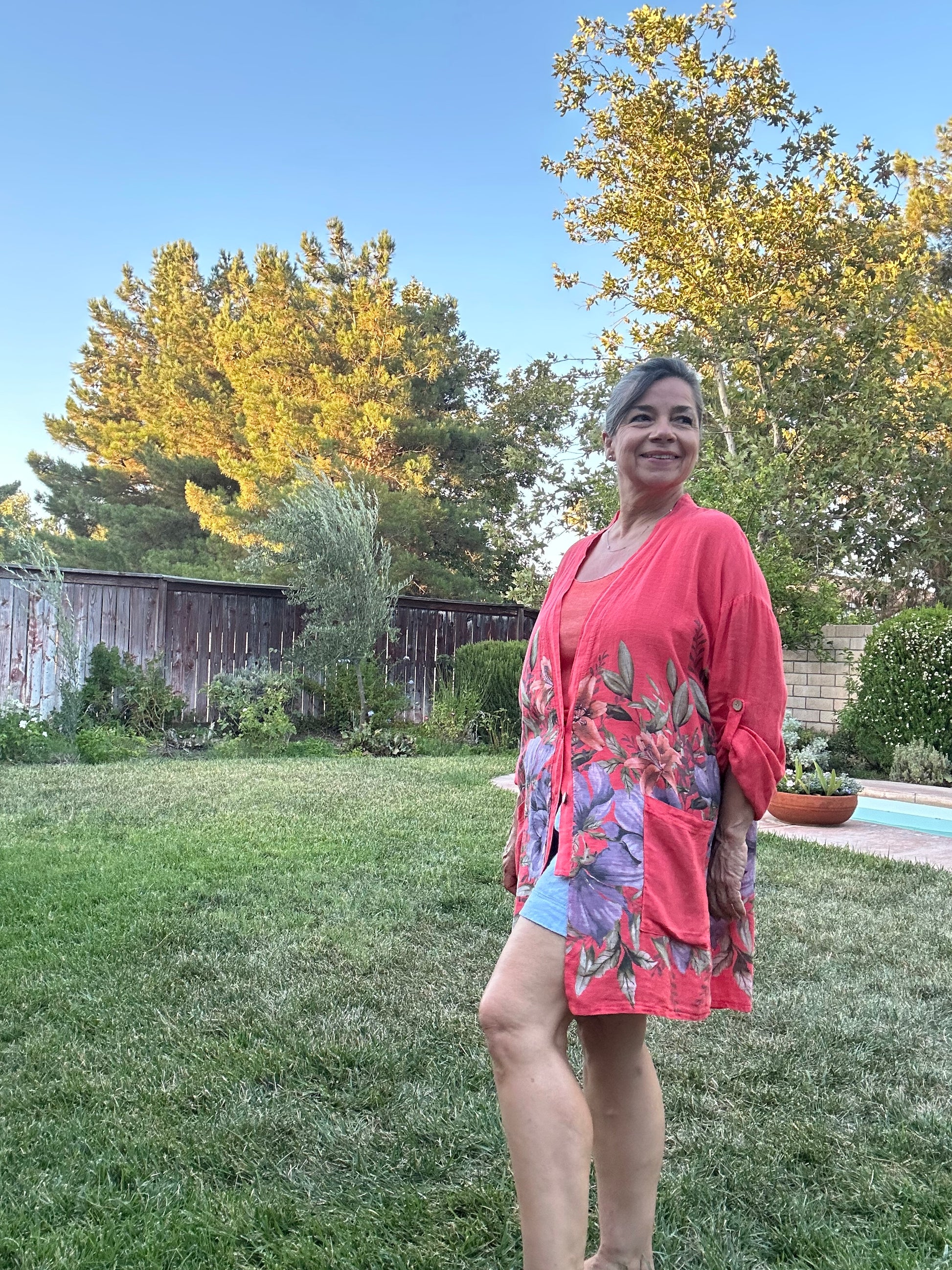Coral floral breeze linen kimono
