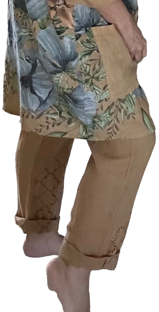 Camel Lace Hem Linen Drawstring Pants