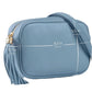 Sky blue Bianca leather tassel crossbody camera bag
