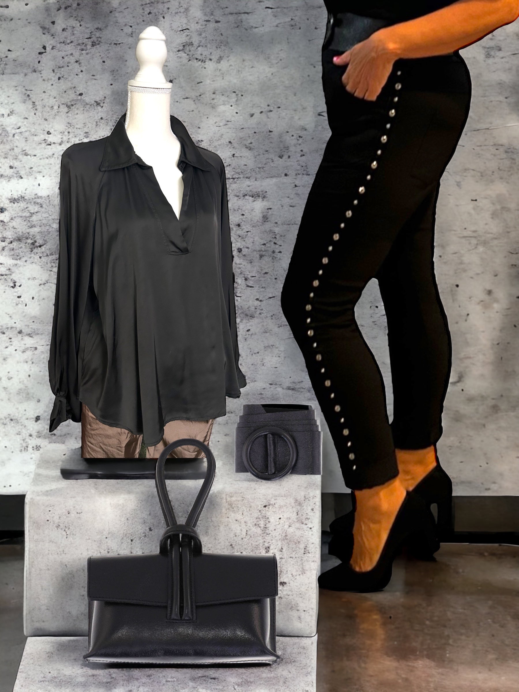 Emilia silky satin collared V - neck blouse
