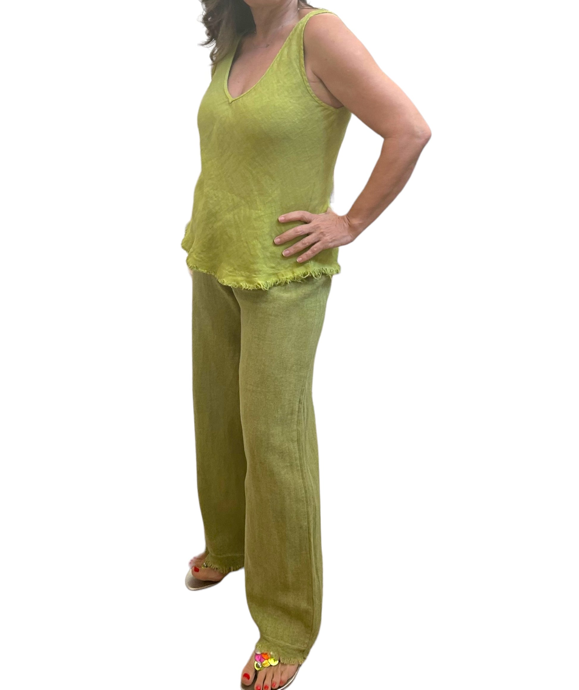 Mila pistachio linen V-neck top