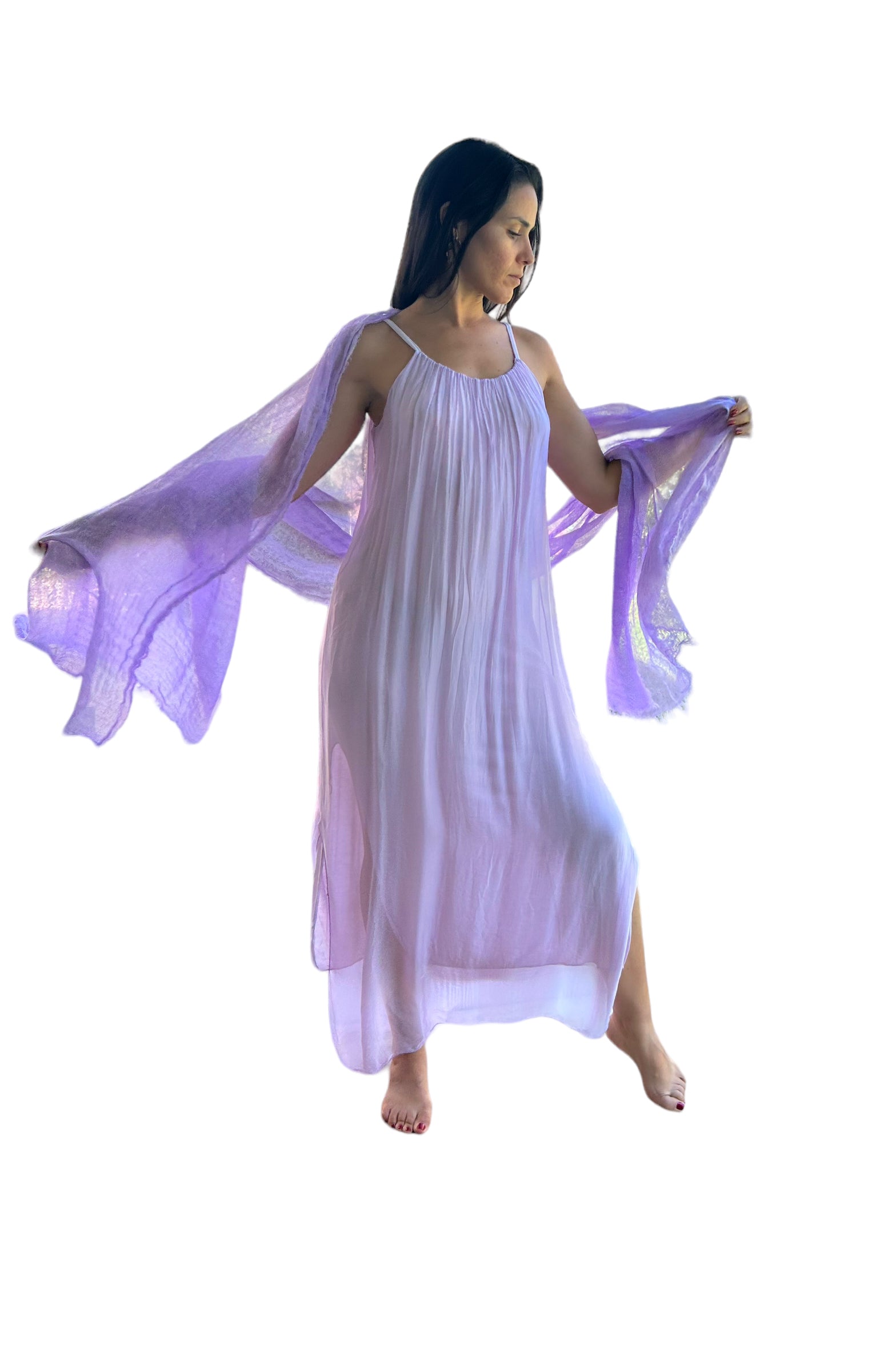 Lavender Venus Silk Dress Luxurious Maxi with Spaghetti Straps