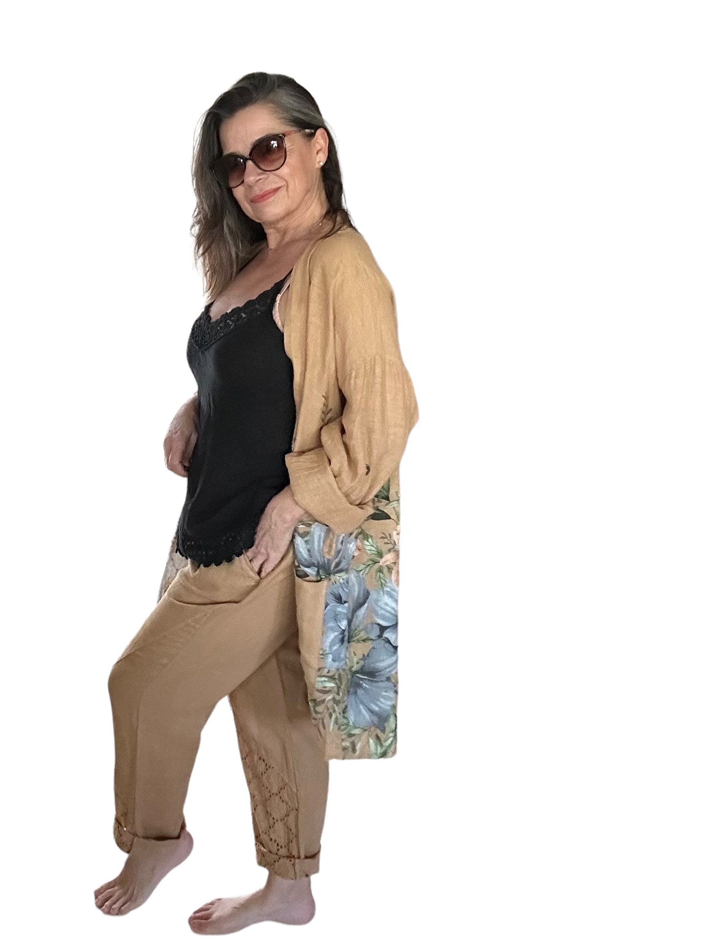 Camel Lace Hem Linen Drawstring Pants