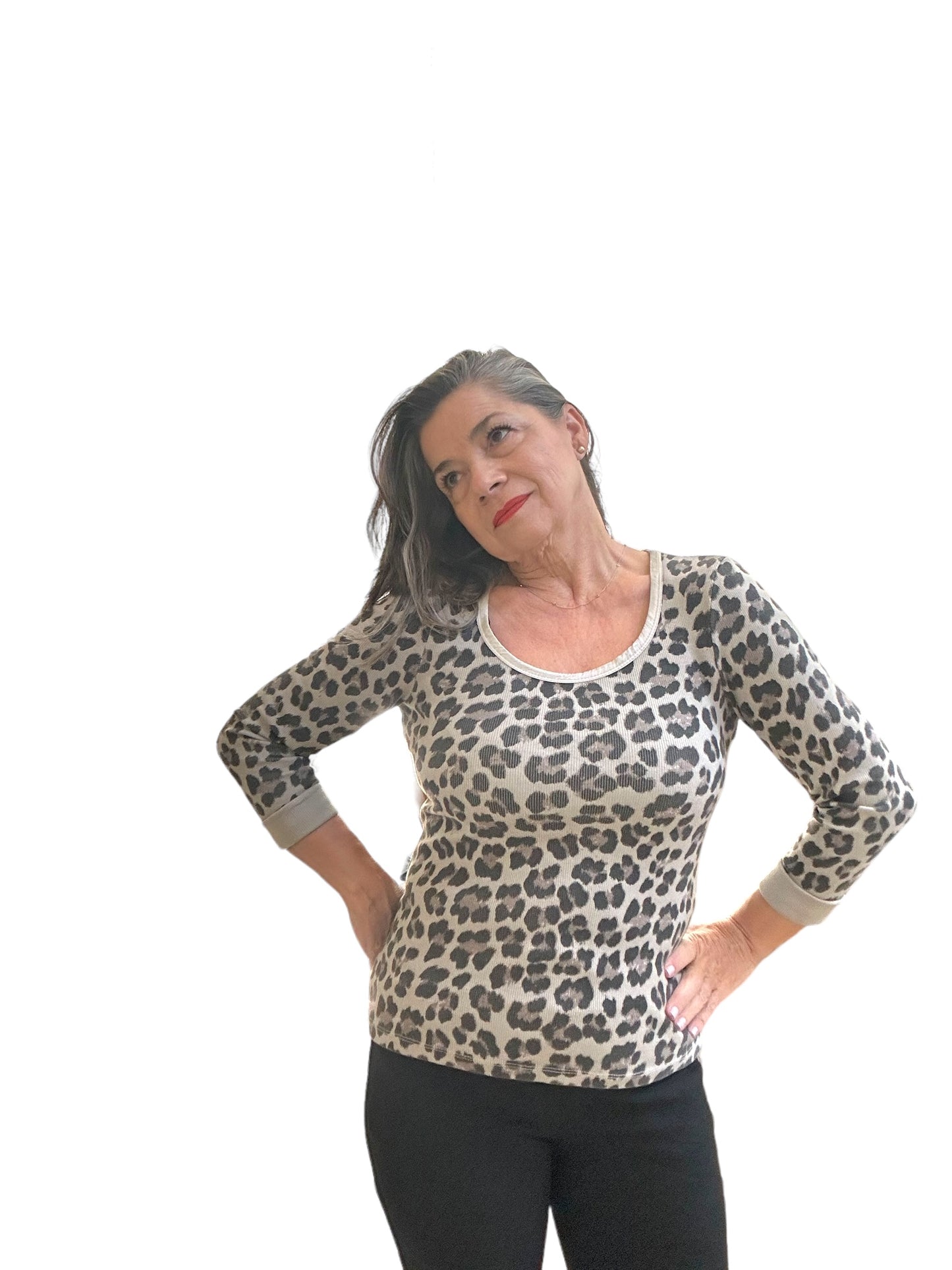 Taupe leopard print rib top