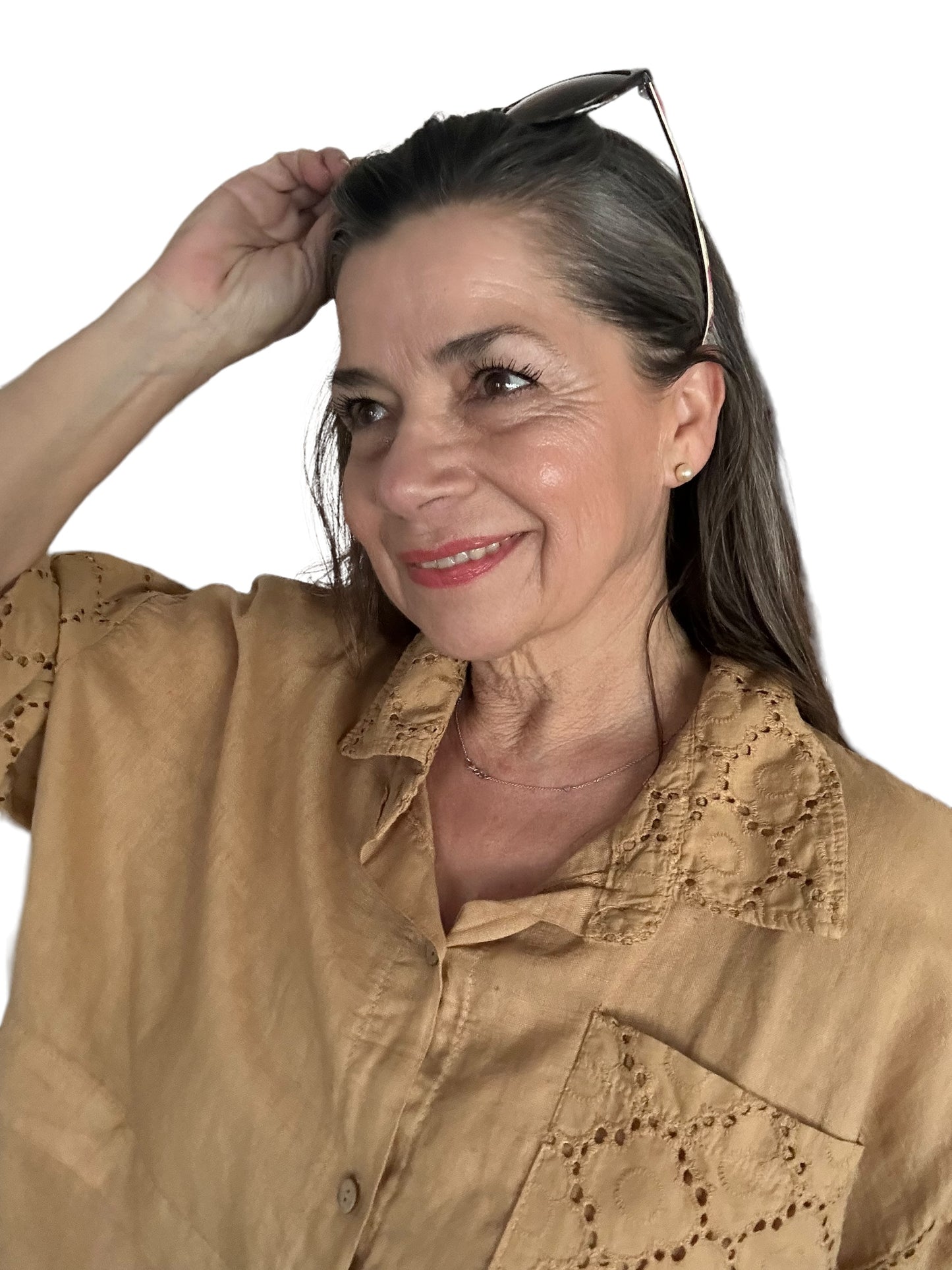 Camel embroidered lace linen blouse