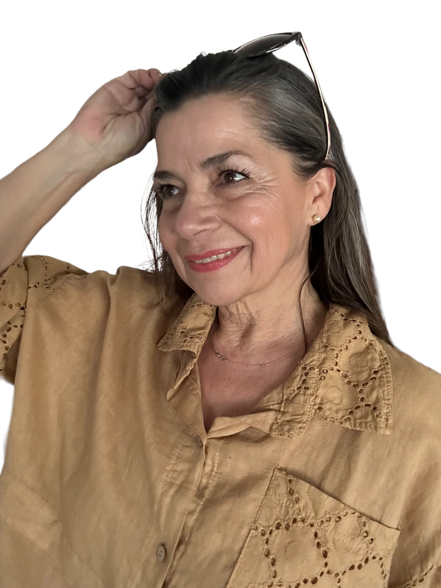 Camel embroidered lace linen blouse