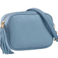 Sky blue Bianca leather tassel crossbody camera bag