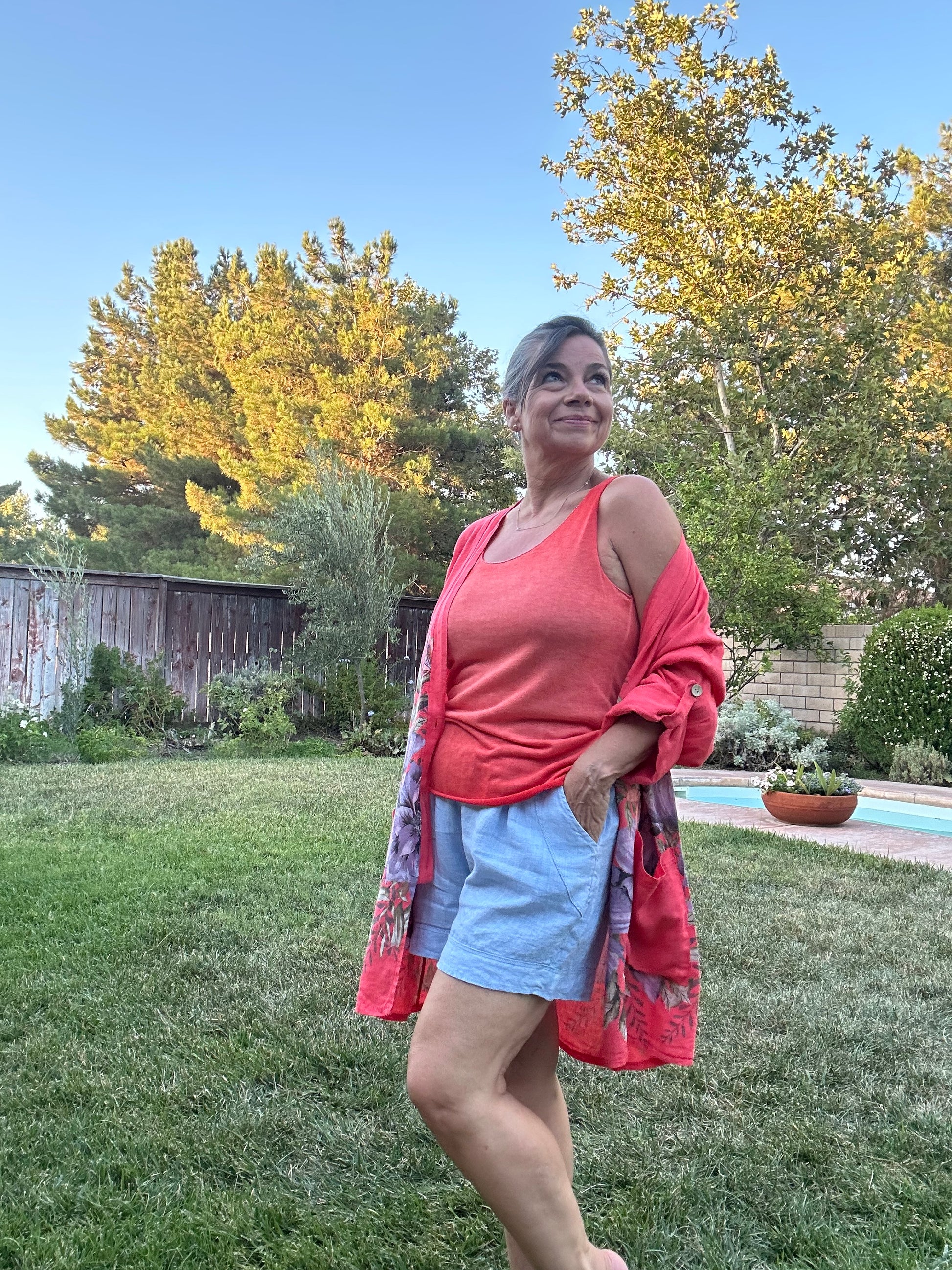 Coral floral breeze linen kimono