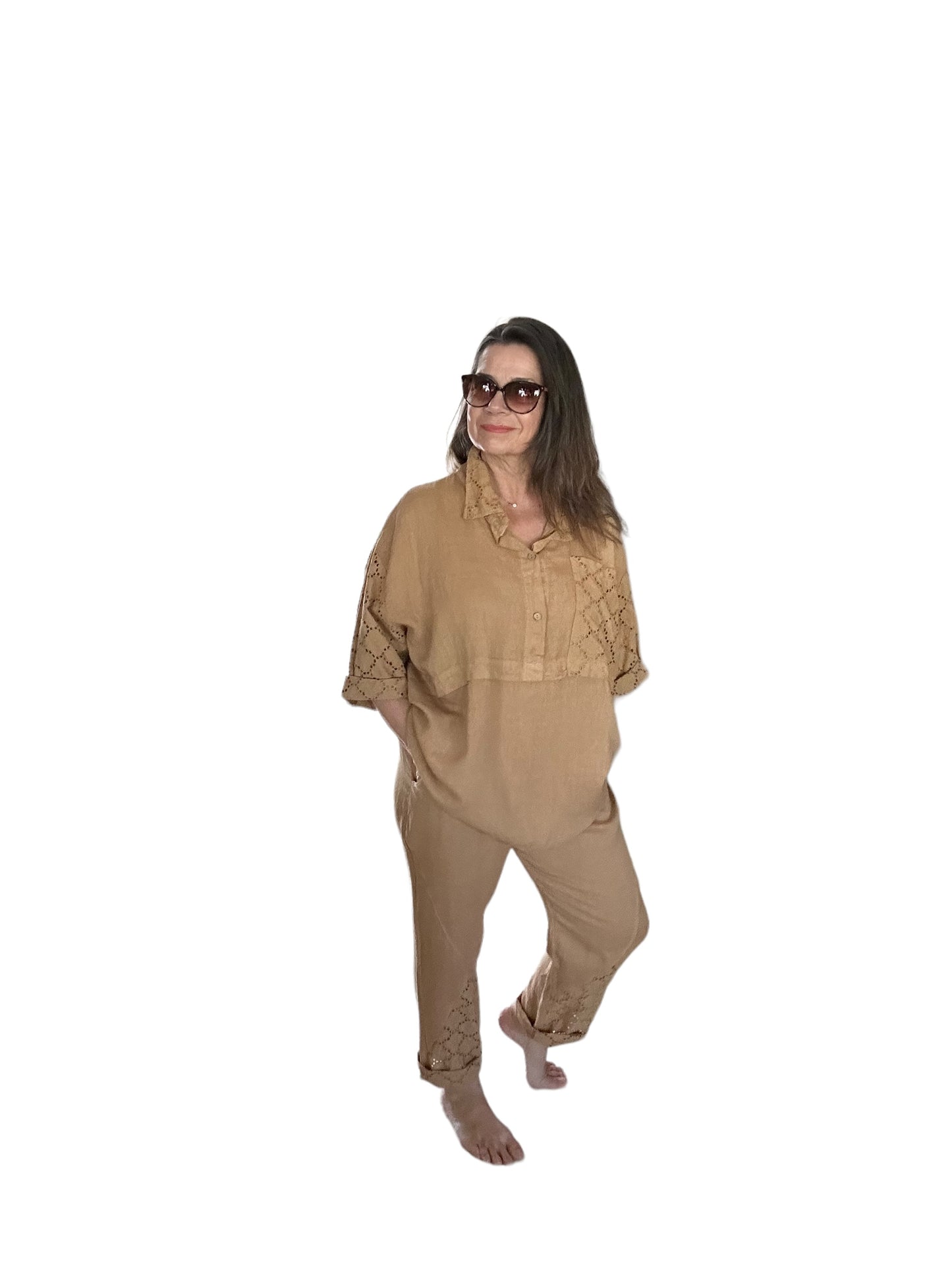 Camel Lace Hem Linen Drawstring Pants